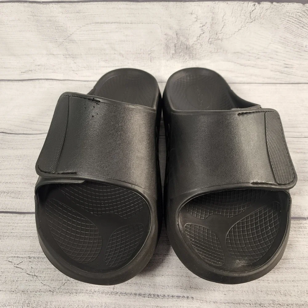 OOFOS OOahh Sport Flex Black Adjustable Strap Recovery Slide Sandals Mens 9 W 11